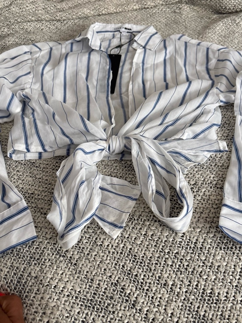 Fashion Nova White and Blue Striped Tie-Front Crop Top